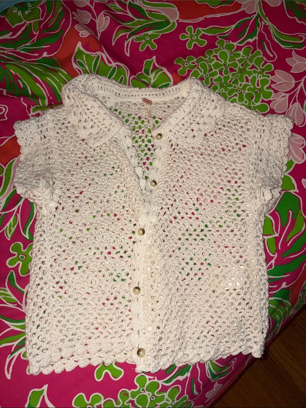 Free People Cream Crochet Button-Up Top